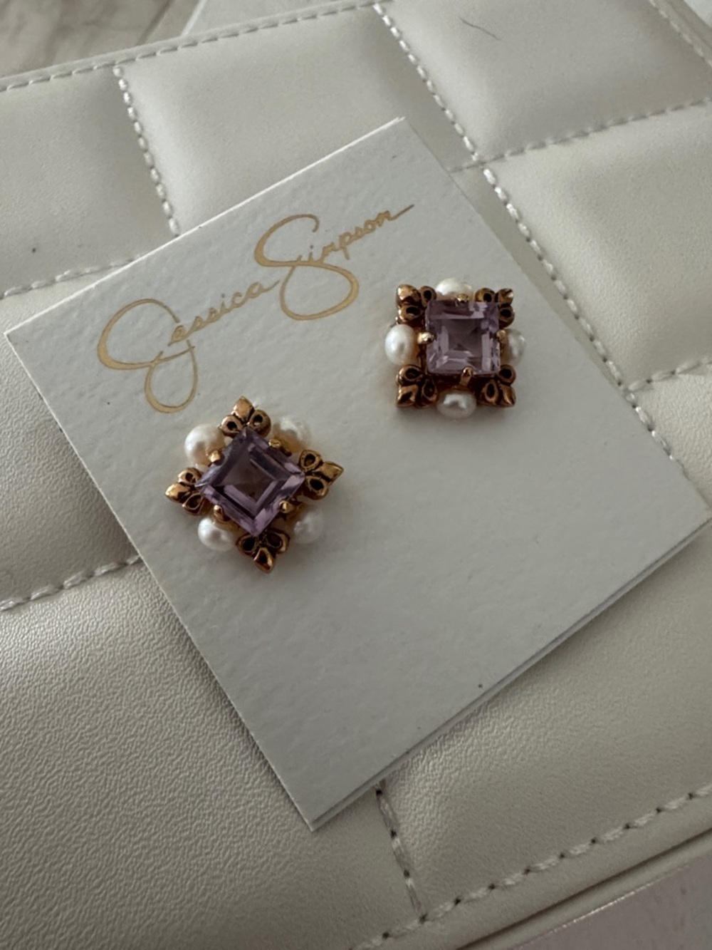 Gold Pearl & Amethyst Square Stud Earrings - Women Jewelry - Picture 3 of 3